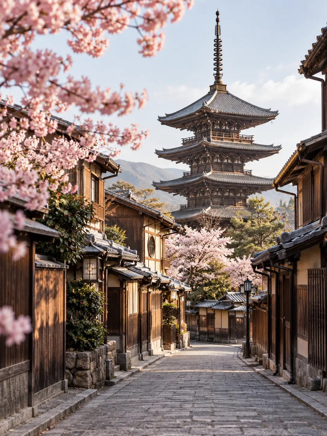 Rua tradicional de Kyoto sob as cerejeiras